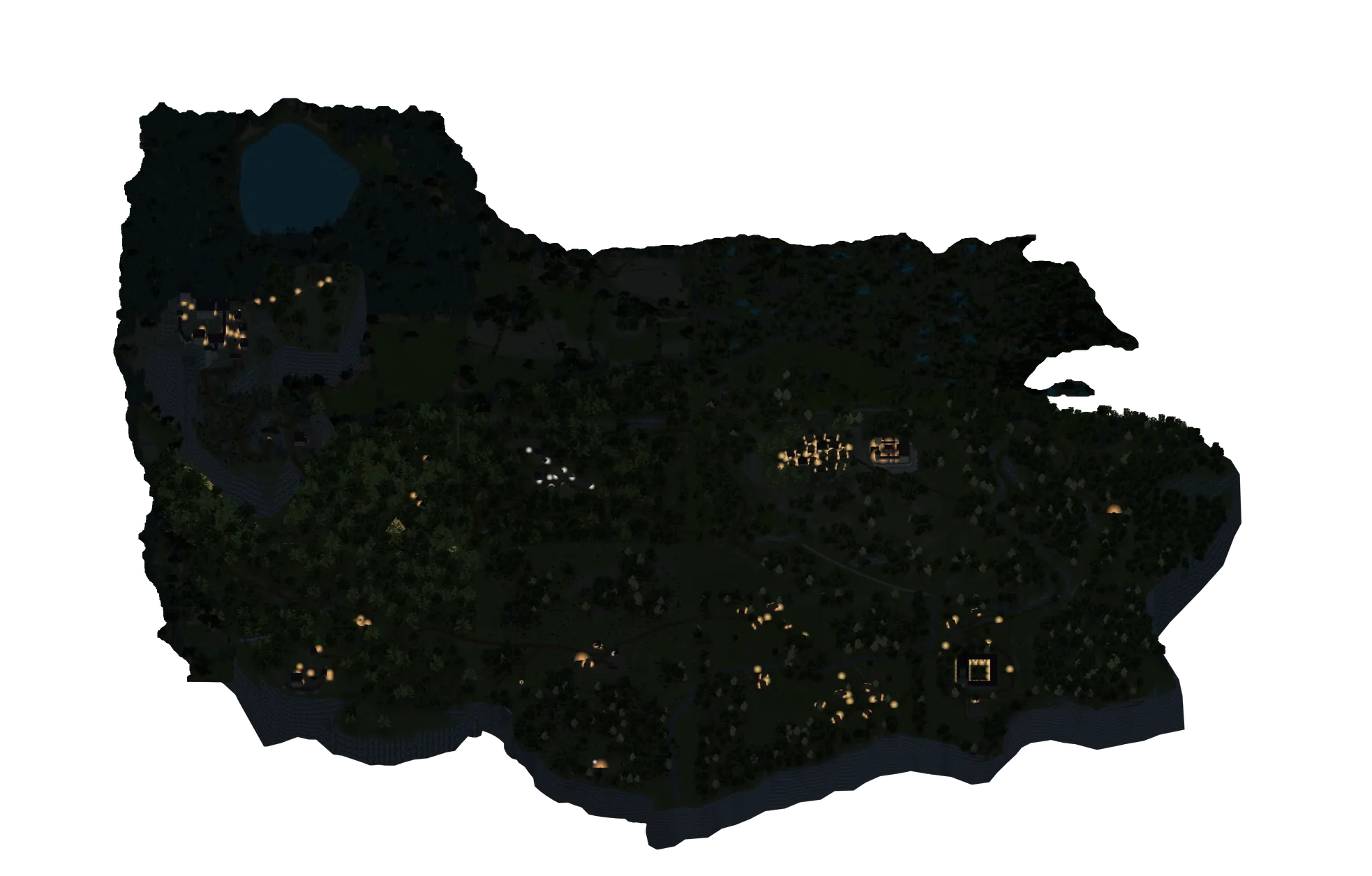 The same map at night, with lit windows in the villages