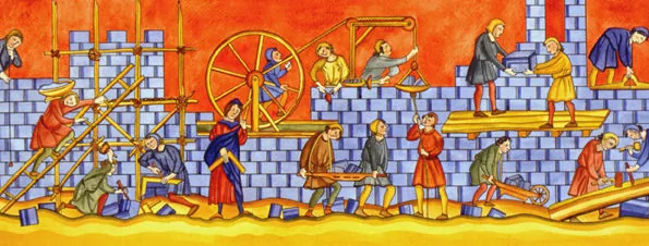 Workers cooperating to complete a town.