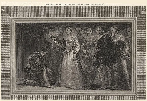 Francis Drake being knighted by Queen Elizabeth I in 1581.
