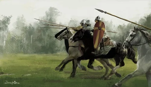 Knights charging to battle.