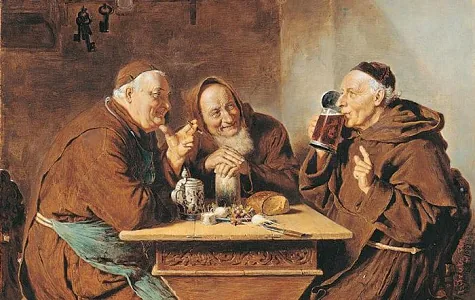 A group of monks drinking what is presumed to be either beer or wine