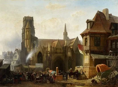 A town fair by a church.