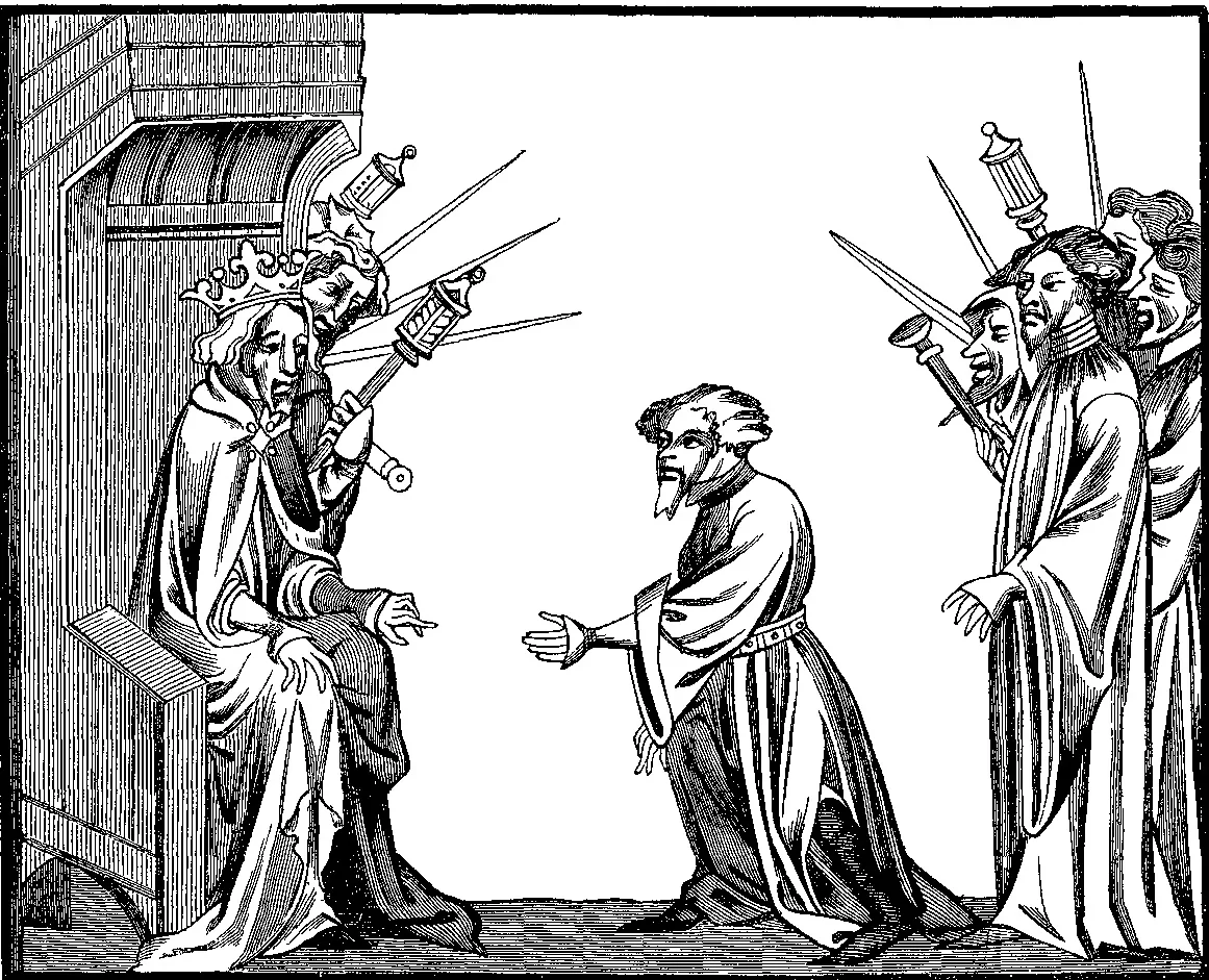 A lord receiving the oath of fidelity and homage from one of his subjects.