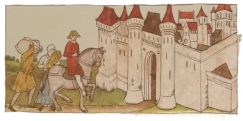 Settlers riding into town.