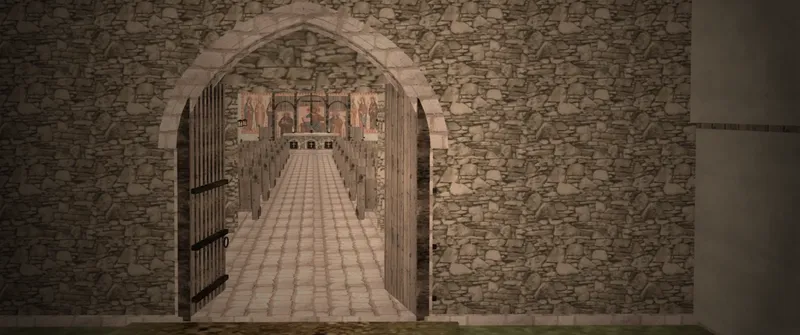 An arched doorway into a church