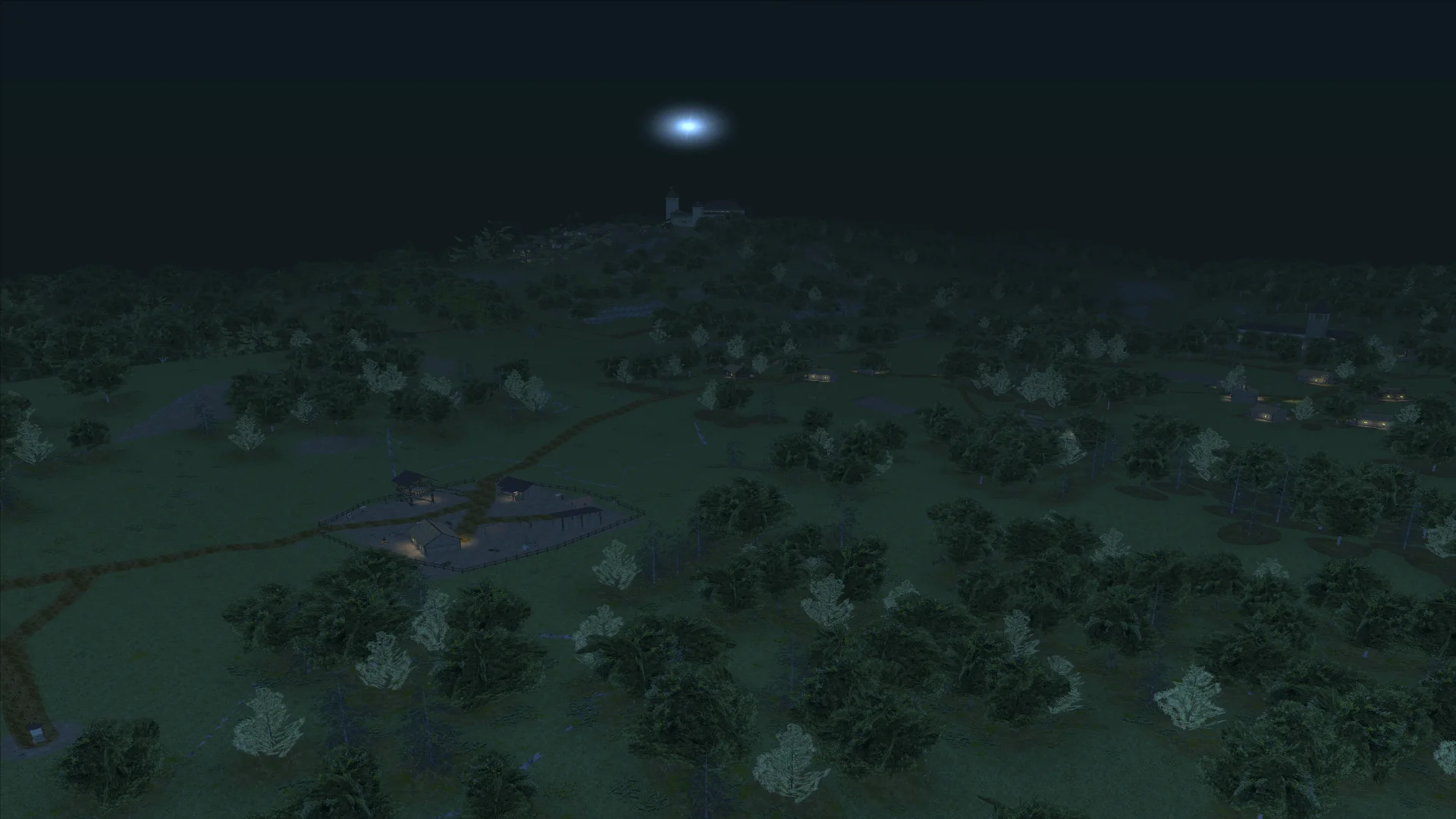 A castle on a hill under the moon, with a forest and a village below