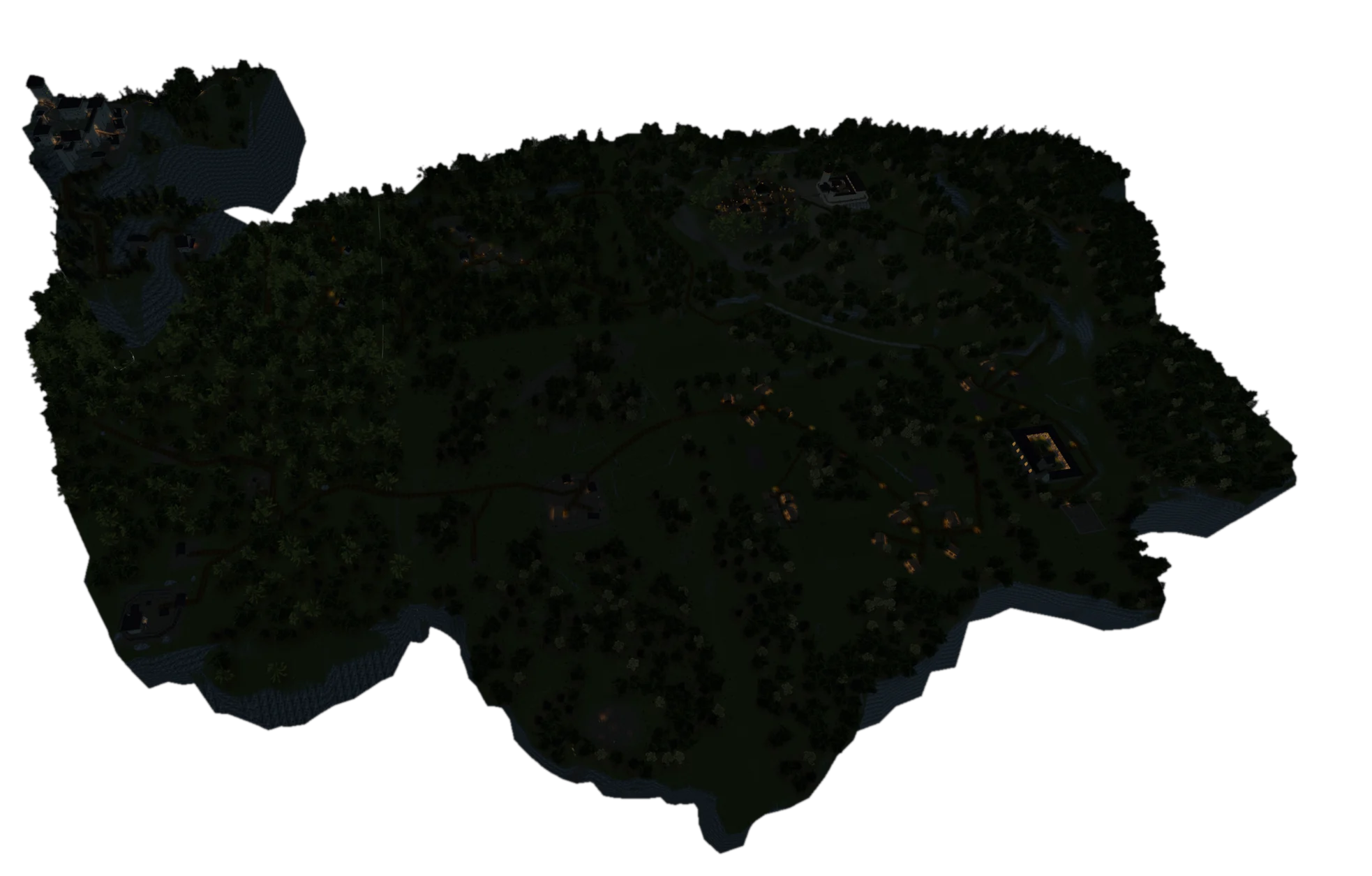 The same map at night, with lit windows in the villages
