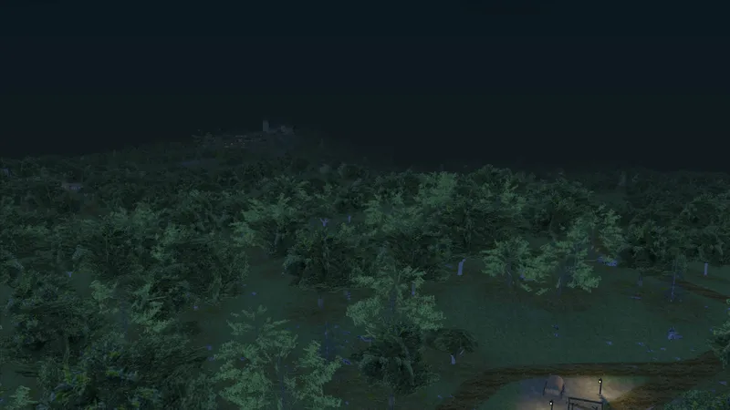 A forest at night, with a castle on a hill